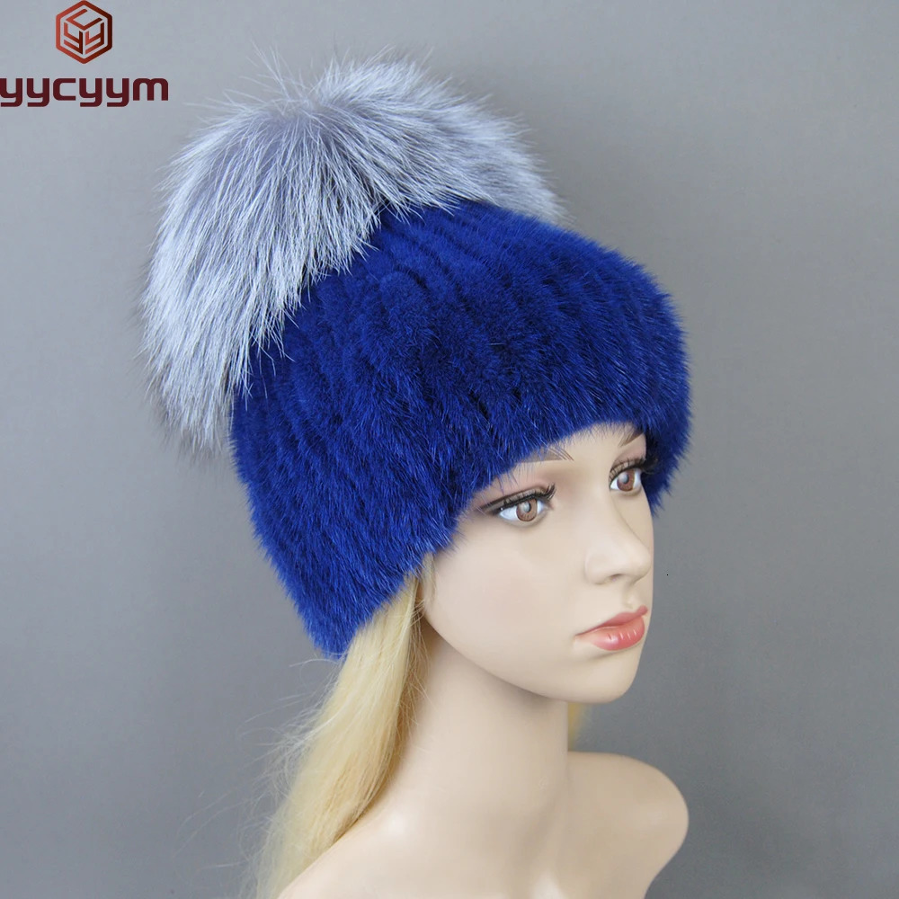 Women Winter Mink Fur Hats Knitted Real Mink Silver Fox Fur Caps Female Russian Winter Warm Real Fur Beanies Hat 241214