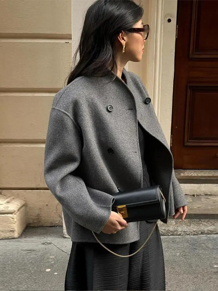 Womens Woolen Coats Loose Casual Retro Double Breasted Stand Collar Short Jacket Office Lady Outerwear Autumn Winter 241216