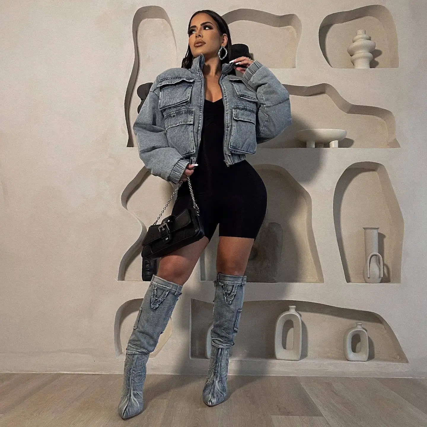 Women Jacket Winter Fashion Multi-Pocket Long Sleeve Puffer Denim Jackets Autumn Casual Thicken Crop Bubble Jeans Jacket Coat 241216