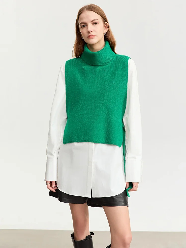 AMII Womens Knit Vest Autumn Turtleneck Sleeveless Short Woolen Sweater Female Fashion Laceup Side Waistcoat Top 12343391 241218