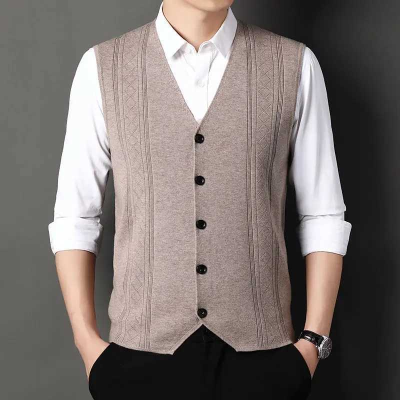 Fashion High-end Smart Casual Pure Wool Sweater Knitted Tank Mens Solid V-neck Button Patchwork Screw Thread Sleeveless VestXJ241221