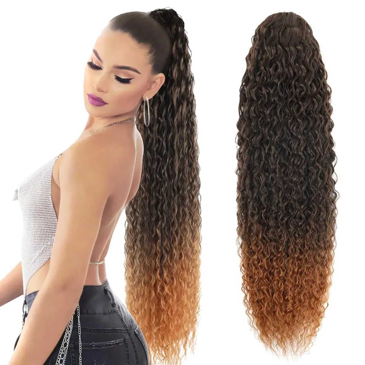 Synthetic Curly Ponytail Hair Extensions For Women Black 22Inch Drawstring Ponytail Hair Extension Natural Water Wave PonytailXJ241221