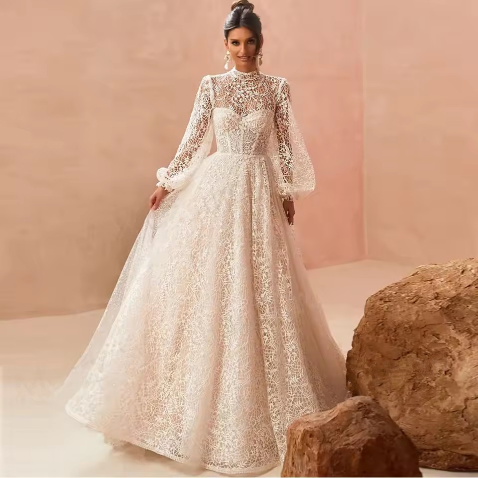 Exquisite Boho A Line Wedding Dresses Lace Appliques Bride Gowns Long Puff Sleeves High Neck Vestido Novia Boda Customized