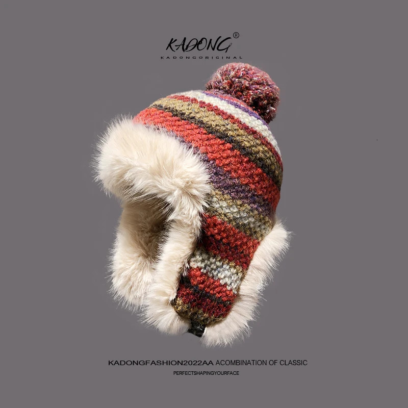 Japanese plush plain weave mens and womens Lei Feng hats imitating rabbit fur for warmth and ear protection knitted Russian hats 241220