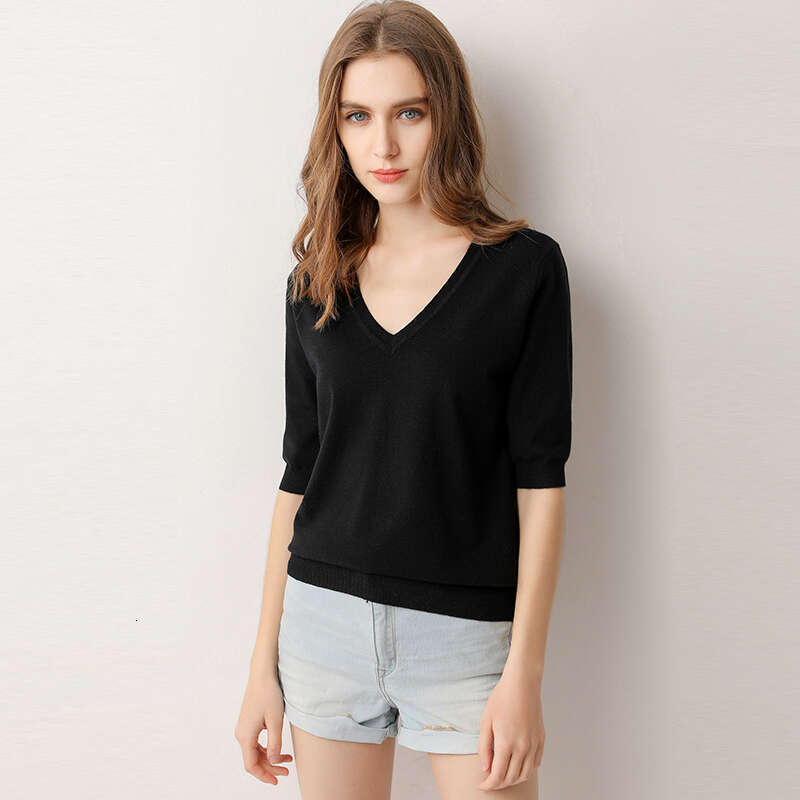 Spring Summer New Short Sleeve Cashmere Sweater Women's Low Collar Loose V-Neck Knit Bottoming Shirt Female Pullover Tops