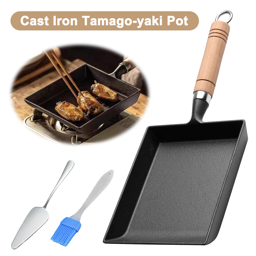 Non Stick Egg Pan Cast Iron Pan Non Scald Versatile Frying Pan with Oil Brush And Shovel Omelette Pan for Camping Picnic