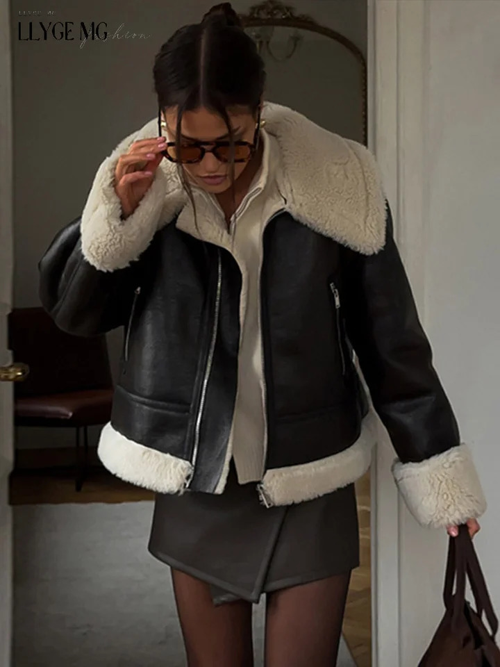 Casual Bomber Jacket Women Lapel Loose Faux Leather Lamb Wool Overcoat Woman Full Sleeve Zipper Patchwork Warm Coat Lady Vintage 241216