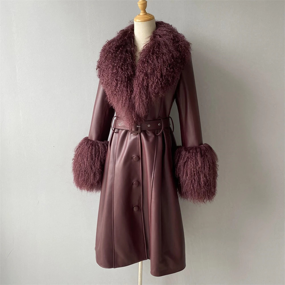 Jaxmonoy Womens Real Leather Coats with Mongolian Sheep Fur Collar Ladies Autumn Winter Long Style Sheepskin Coat 241216