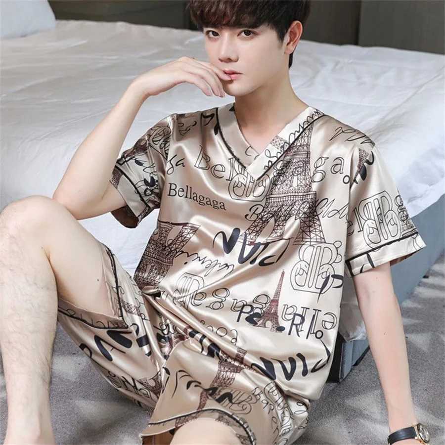 2024 New Mens Pajama Set Summer Short sleeved Ice Silk Top and Shorts Mens Soft Pajama Printed Home Clothing Casual Clothing W241221