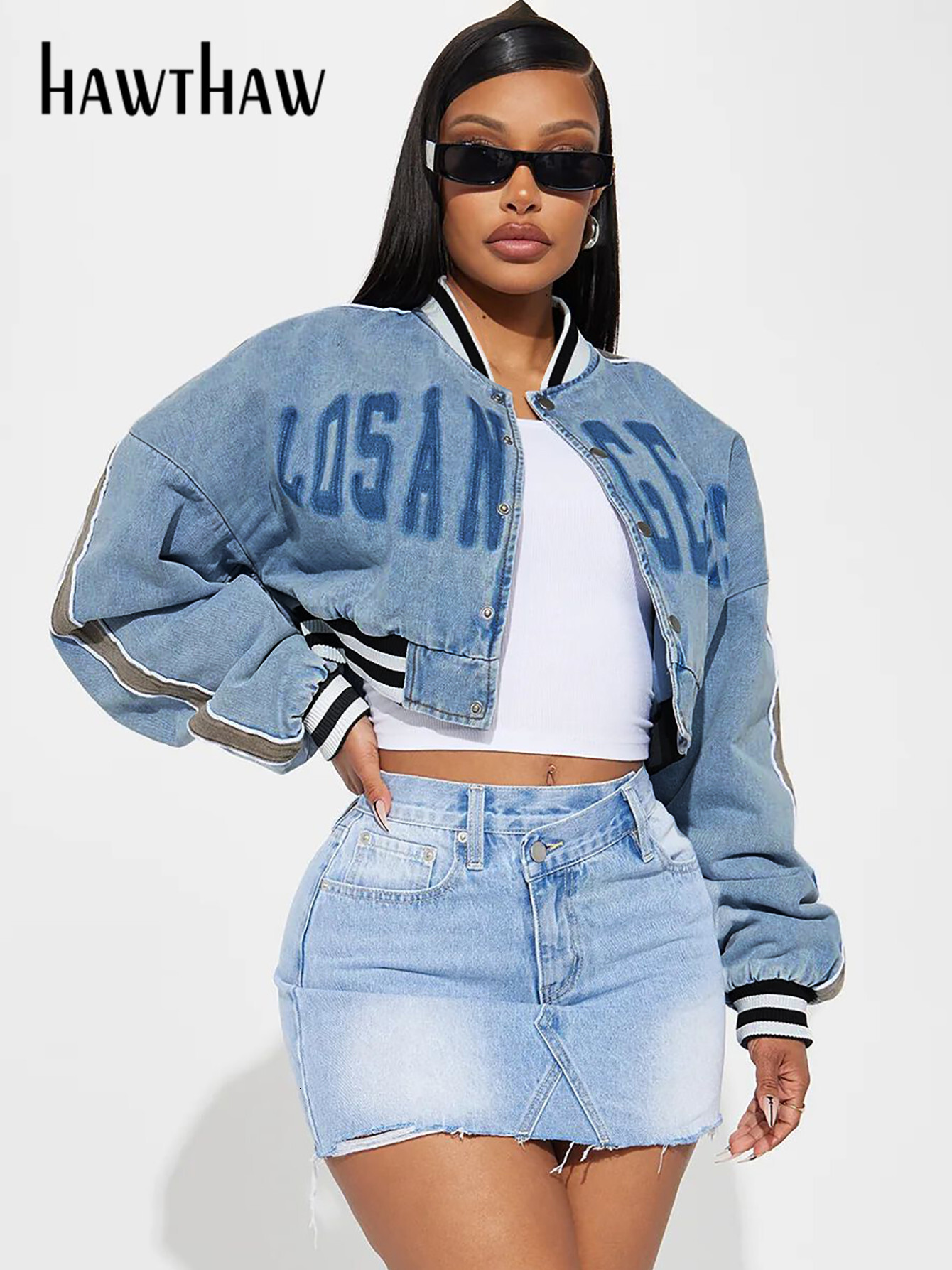 Hawthaw Women 2024 Autumn Winter Long Sleeve Streetwear Letter Print Denim Hoodie Coat Jacket Tops Wholesale Items For Business