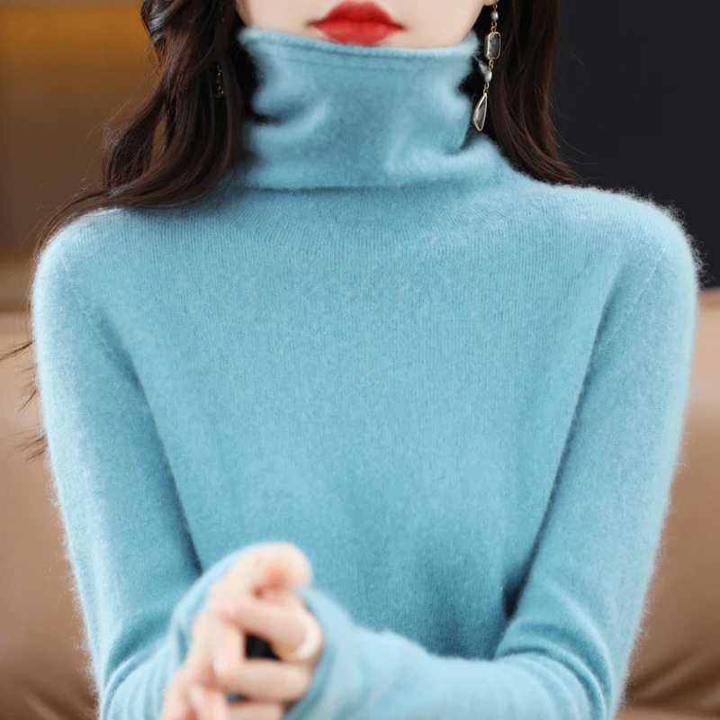 100% Merino Wool Turtleneck Pullover Knitwear Womens Autumn And Winter Warm Sweater Womens Solid Color Pile Neck Sweater 241217