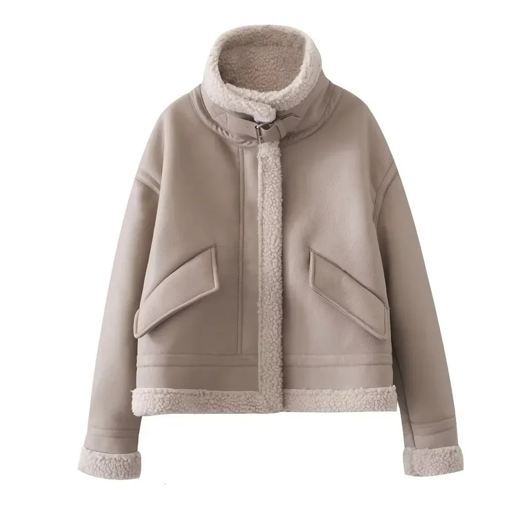 Women Fashion Thick Warm Faux Leather Shearling Jacket Coat Vintage Long Sleeve Flap Pocket Female Outerwear Chic Tops 241216