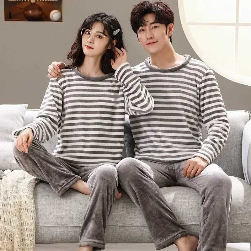 Color set sleeve pajamas two-piece set pajamas Pnats long comfortable pajamas couple set pajamas autumn couple solid color home plush W241221