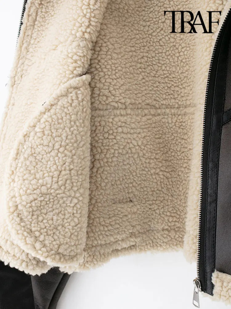 TRAF Winter Women Fashion With Belt Suede Lamb Leather Jacket Coats Faux Shearling Sheepskin Outerwear Chic Tops 241216