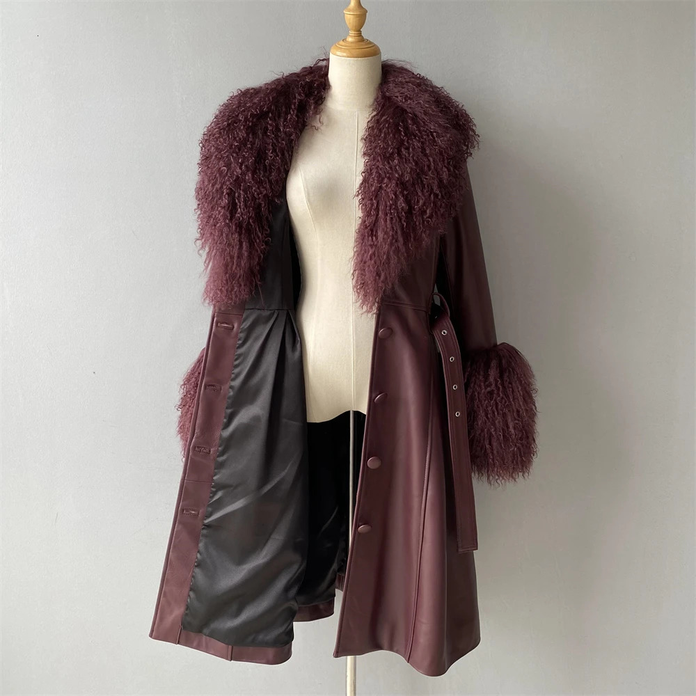Jaxmonoy Womens Real Leather Coats with Mongolian Sheep Fur Collar Ladies Autumn Winter Long Style Sheepskin Coat 241216
