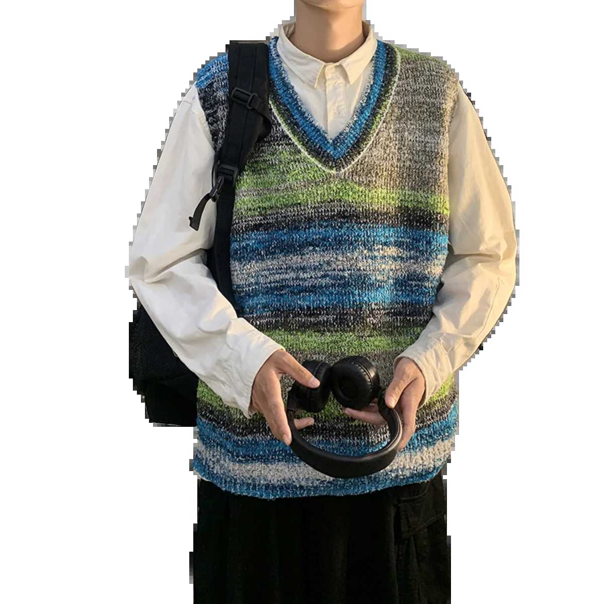 2024 Men Spring Autumn Fashion Contrast Color Knitwear Vest Male Gradient Sweater Waistcoat Mens V-neck Sleeveless Tops K461XJ241221