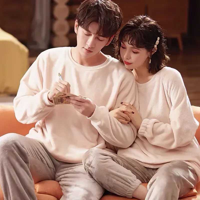 Color set sleeve pajamas two-piece set pajamas Pnats long comfortable pajamas couple set pajamas autumn couple solid color home plush W241221