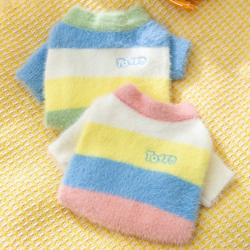 Autumn and Winter Dog Clothes Rainbow Striped Cardigan Thick Warm Sweater Teddy Bear Small Dog Pet Clothes