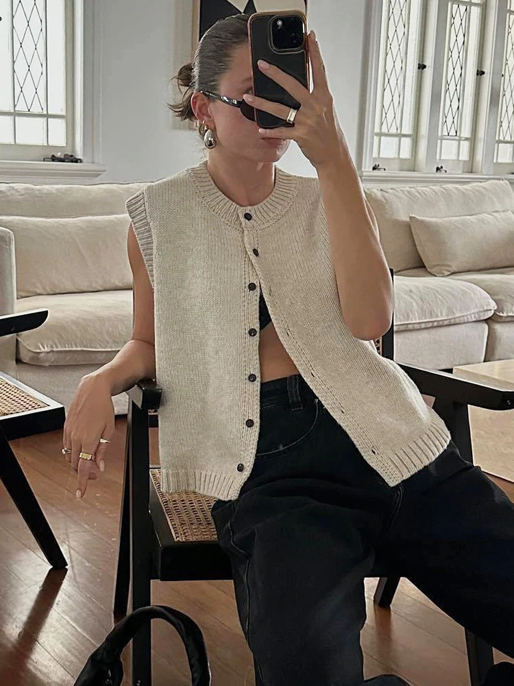 Trendix Knit Vest Women Autumn Street Casual Single Cardigan Tank Tops Femme Solid Trendy Knitwear Sleeveless Sweater Top 241218