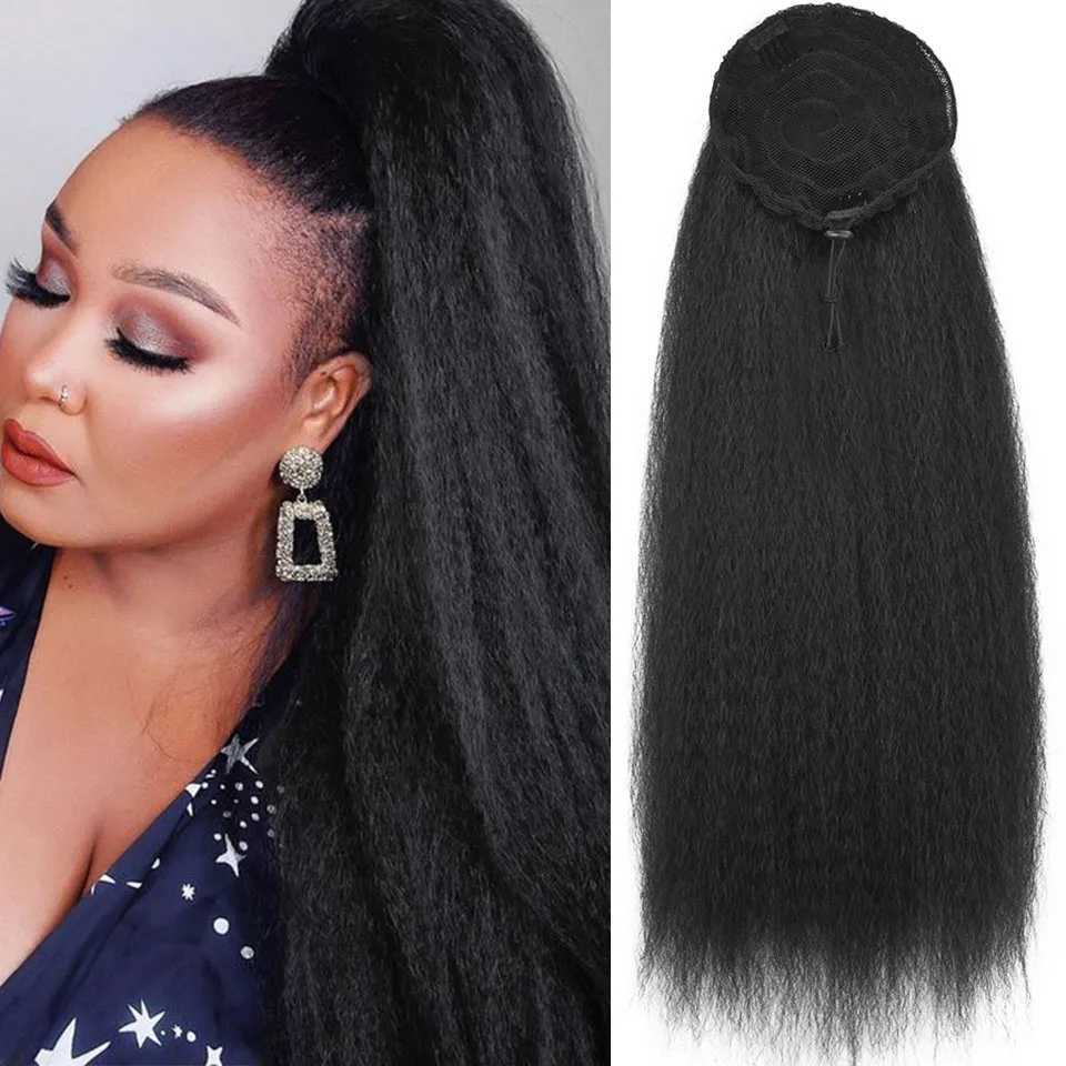 MyDiva Afro Long Straight Puff Ponytail Hair Extension Natural Synthetic Perm Yaki Hairpiece Drawstring Ponytails Elastic BandXJ241221