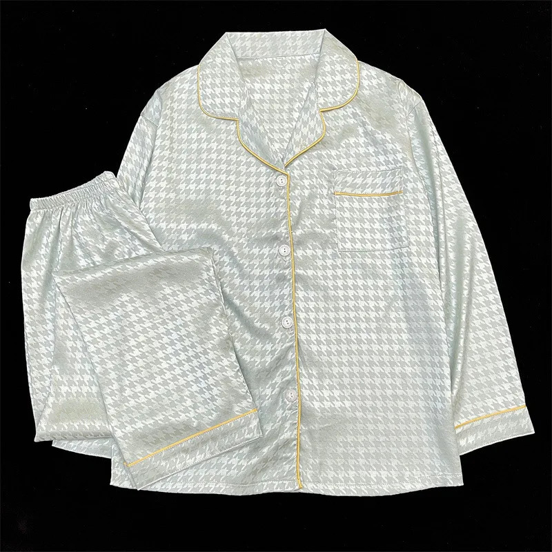Ice Silk Pajamas Womens Spring Autumn Ins Wind Long-sleeved Sweet Thousand Birds Plaid Loungewear Set Real S Satin Pjs 241217