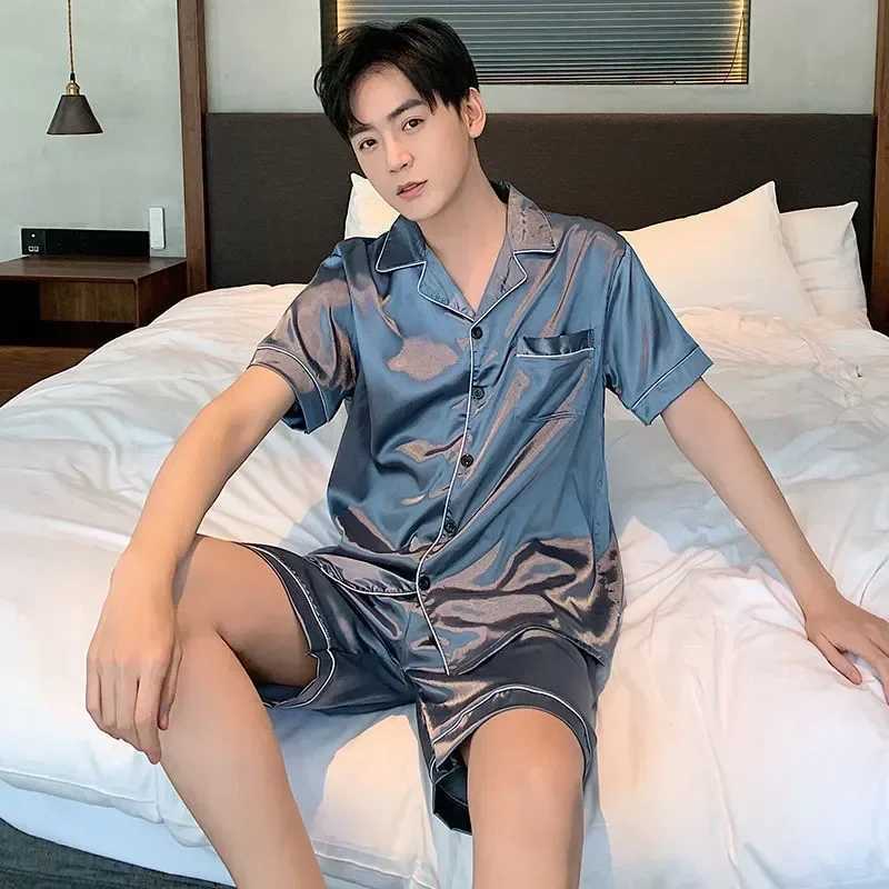 Pajama color set Solid mens home shorts Thin silk mens shirt+shorts Ice summer set Pajama casual 2-piece satin sleeves W241221