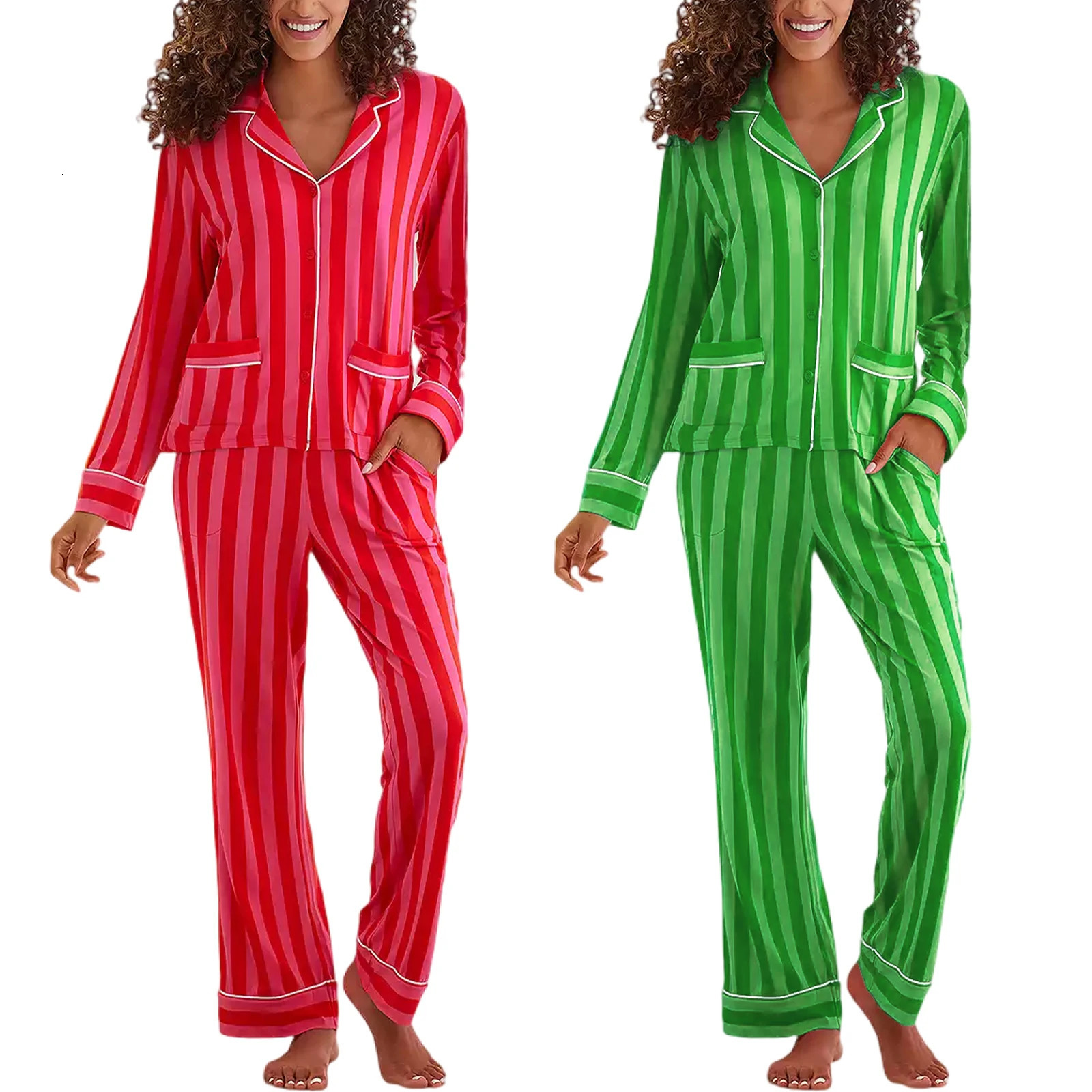 Womens Christmas Pajama Set Striped Long Sleeve Button Down Tops Elastic Waist Pants Lounge Harajuku Home Suit Sleepwear 241217