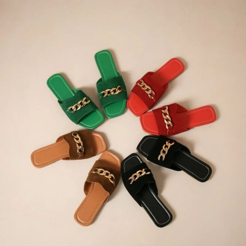 Fad Summer New Chain Women's Slippers Female Slides Beach Shoes Woman Open Toe Flats Sandals Women