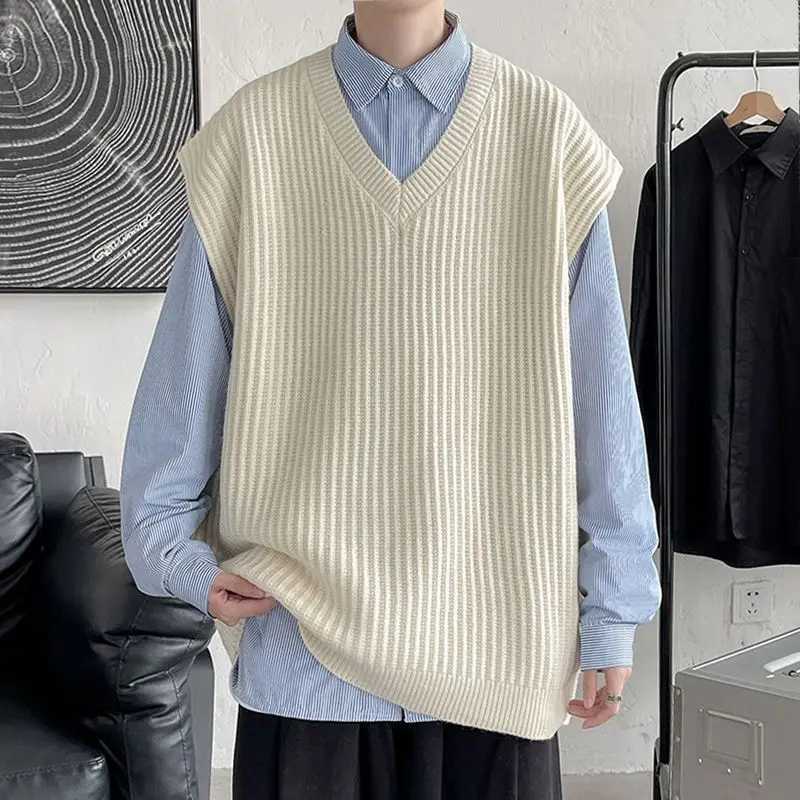 Mens Knitted Sweater Spring Autumn Casual Vest Korean Fashion Solid Sleeveless Baggy Knit Bottoming Vest Male Clothes R106XJ241221