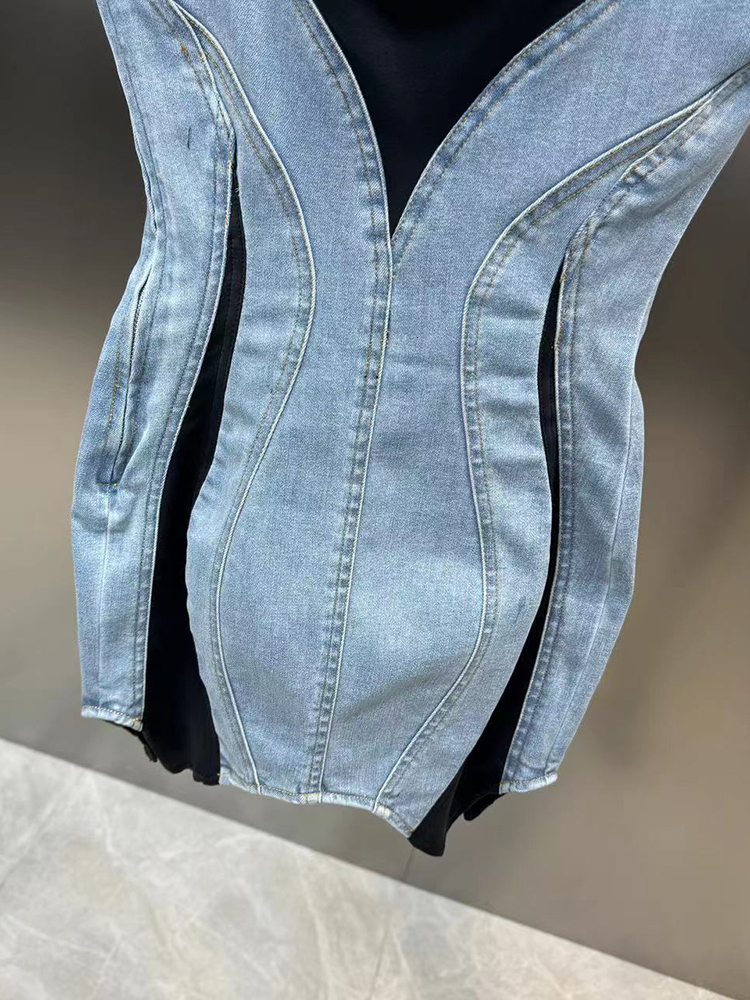 DEAT New Fashion Women's Patchwork Elastic Denim Sg Dress 2024 Spring Trendy Sleeveless Wrap Hip Dresses Female 11Xx8995