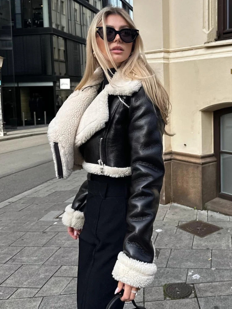 ZBZA Women Warm Motorcycle Short Jacket Lapel Longsleeved Zip Faux Leather Elegant Thick Outerwear Winter Female Chic Coat 241216