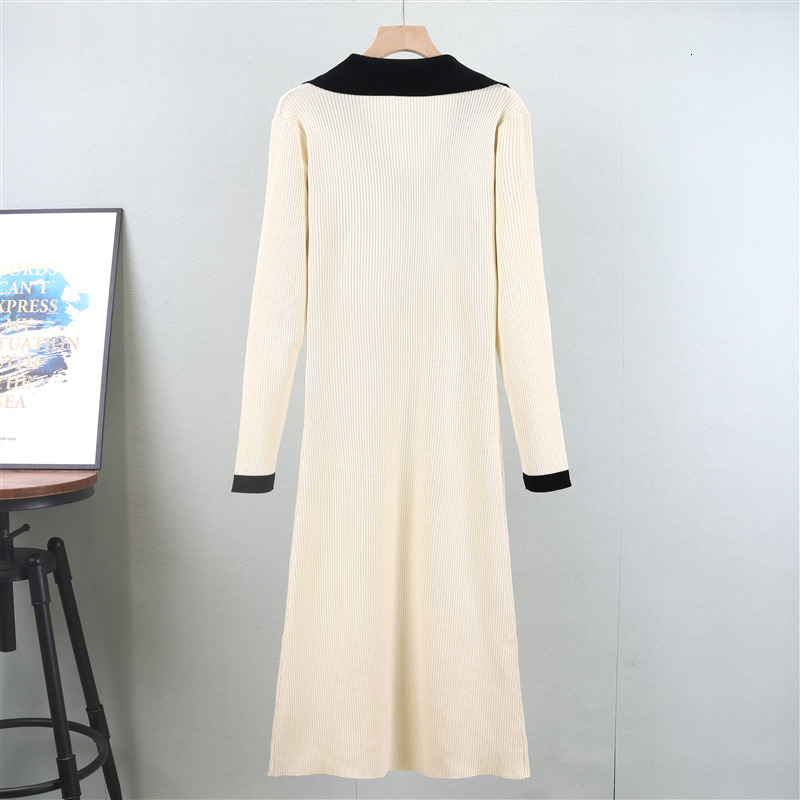 Knitting Women V-Neck Long-Sleeved Slim Elegant Casual Button Dress new France High-Quality Mid Length Skirt