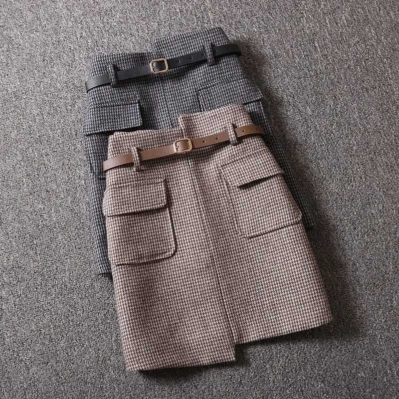 Chic Plaid Thick Woolen Mini Skirts Women Winter New 2023 High Waist Slim Double Pockets Black Gray Faldas jer OLXJ241221