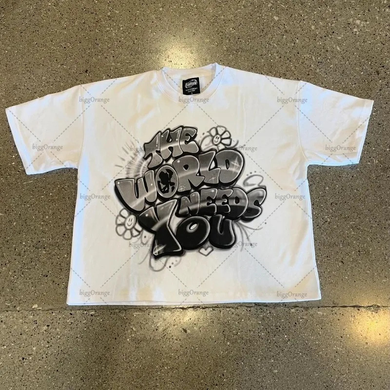 Trendy Colorful Streetwear Y2K Harajuku Retro Letter Printing Oversized Tshirt Men Pure Cotton Casual Tops Couples 241217