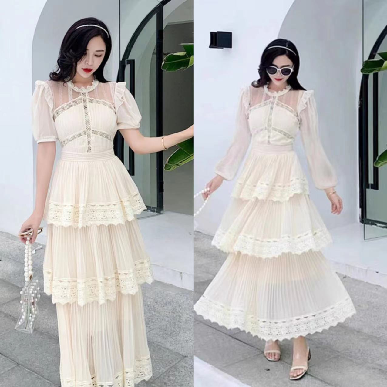 X175 Summer round neck pleated lace mesh cake skirt dress