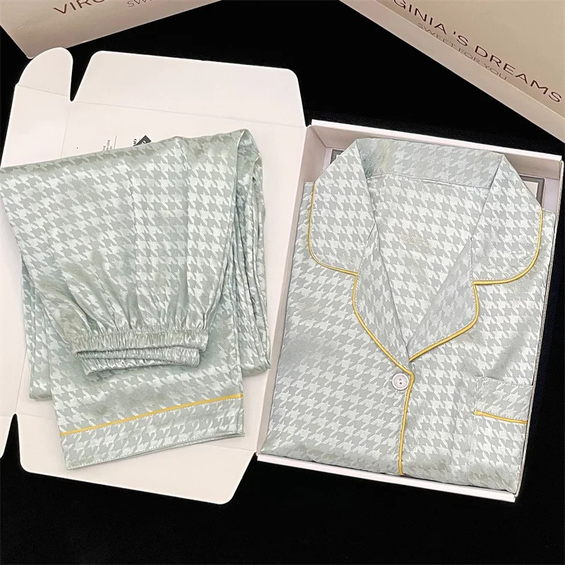 Ice Silk Pajamas Womens Spring Autumn Ins Wind Long-sleeved Sweet Thousand Birds Plaid Loungewear Set Real S Satin Pjs 241217