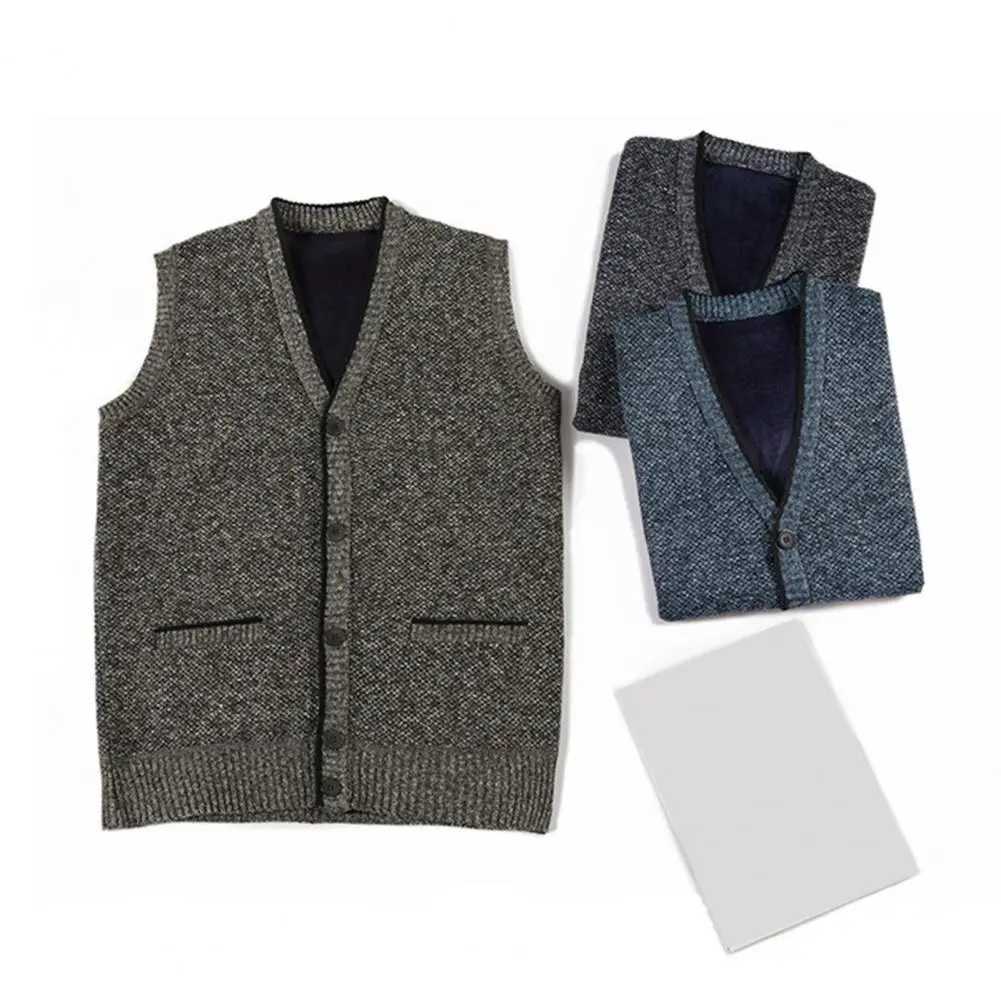 Men Sweater Vest V Neck Single-breasted Sleeveless Buttons With Pockets Elastic Thick Solid Color Knitted Top Sweater Male CoatXJ241221
