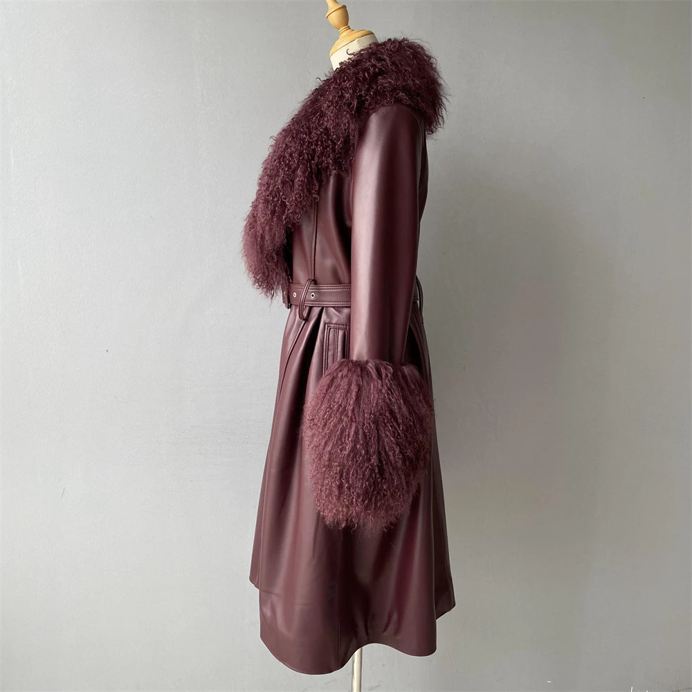 Jaxmonoy Womens Real Leather Coats with Mongolian Sheep Fur Collar Ladies Autumn Winter Long Style Sheepskin Coat 241216
