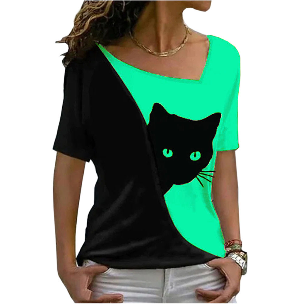2025 summer women clothes blouse new style inclined collar black cat print short sleeve T-shirt women