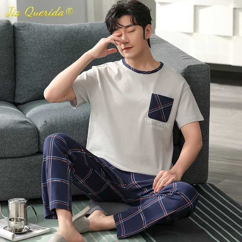 SUKAE Elegant Mens Sleepwear Summer Knitted Cotton Casual Sleepwear Mens O-neck Short sleeved Pants Sleepwear Set W241221