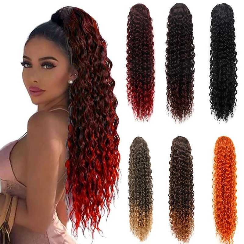Long Kinky Curly Ponytail Synthetic Drawstring Ponytail Clip-In Hair Extension for Women Ombre Red Natural Curly Fake HairpieceXJ241221