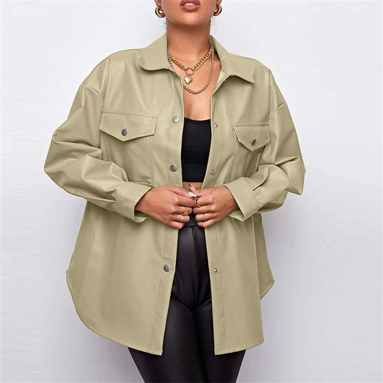 Vintage PU Leather Shirt Jacket Women Casual Coat Retro Punk Jackets Loose High Street Shacket Moto Biker Coats Streetwear 241216