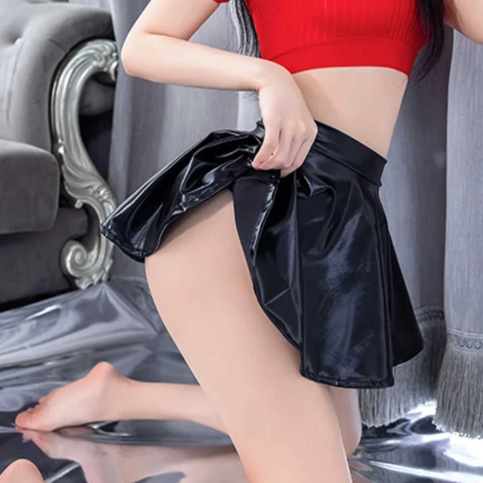 Sexy Womens Lingerie Shinny Black PU Leather Pleated Skirt er Mini Short Skirts Club Party Come Skirts Woman ClothingXJ241221