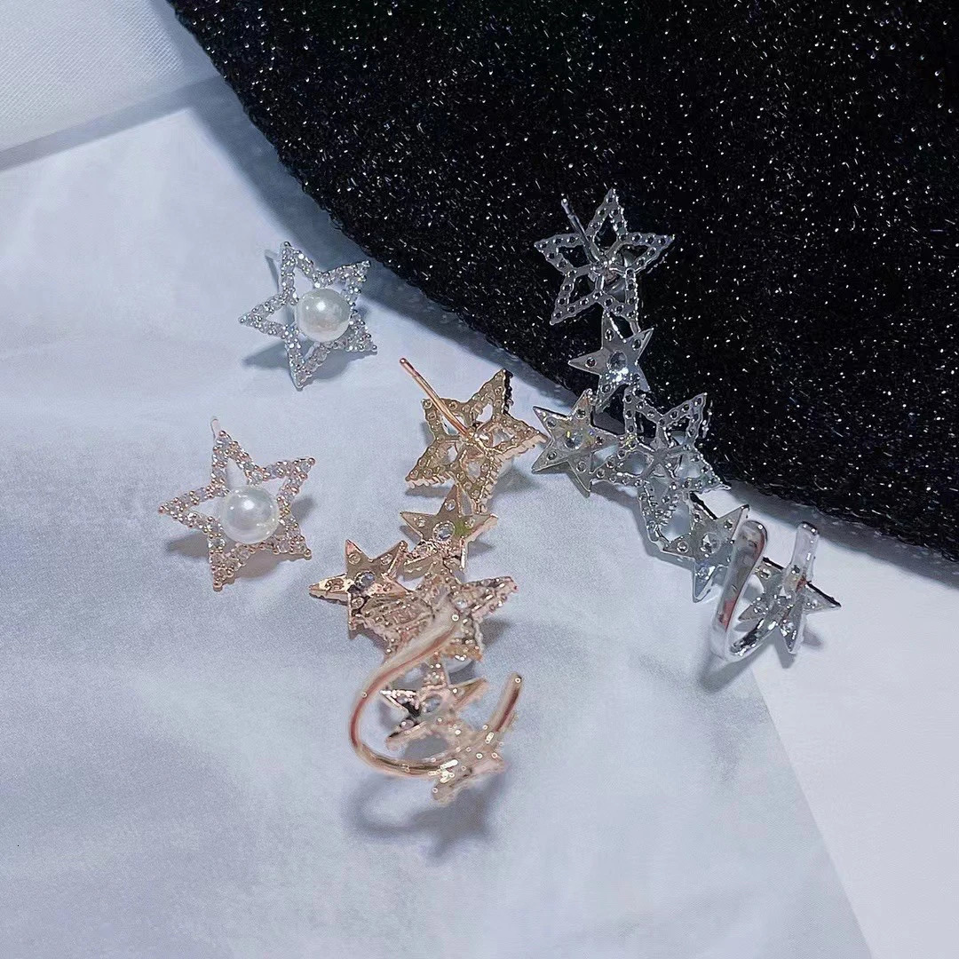 Fashion Ladys Pentagram Star Ear Sweep Wrap Cuff Earrings Bridal Jewelry Paved Cubic Zirconia Jewelry Climber Pearl Earrings 241220