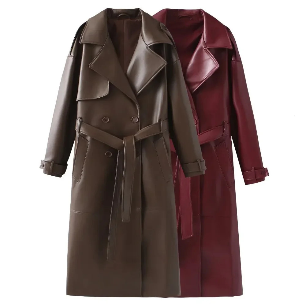 Women Fashion with Belt Long Style Single Breasted Faux Leather Coat Vintage Sleeve Pockets Female Outerwear 241216