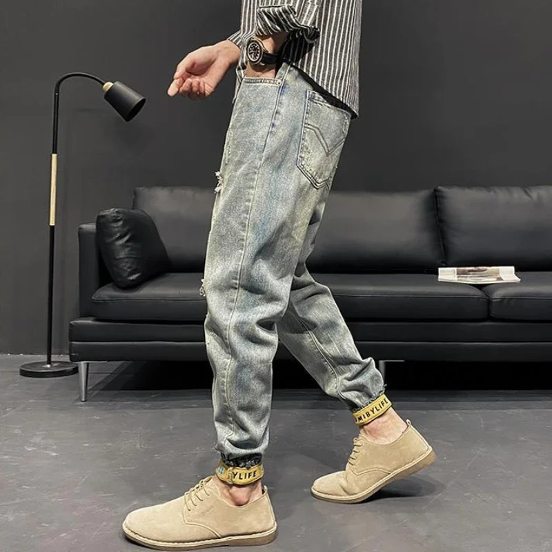 Male Cowboy Pants Torn Harem Ripped Jeans for Men Cargo Cropped Trousers with Holes Broken Classic Grunge Y2k Xs Regular Summer 241218