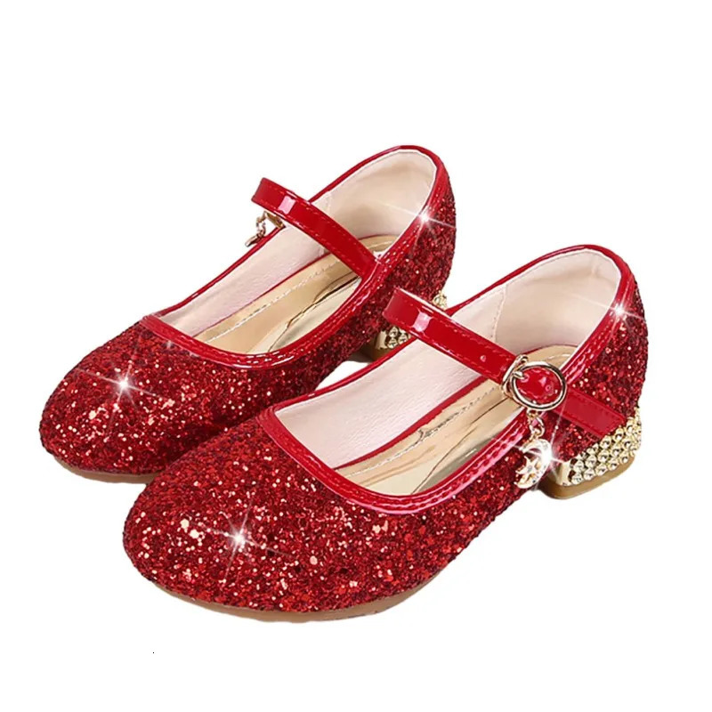 Childrens Glossy High Heel Dance Princess Shoes Girls Non-slip Sequins Shallow Mouth Leather Shoes 26-40 Sizes 241220