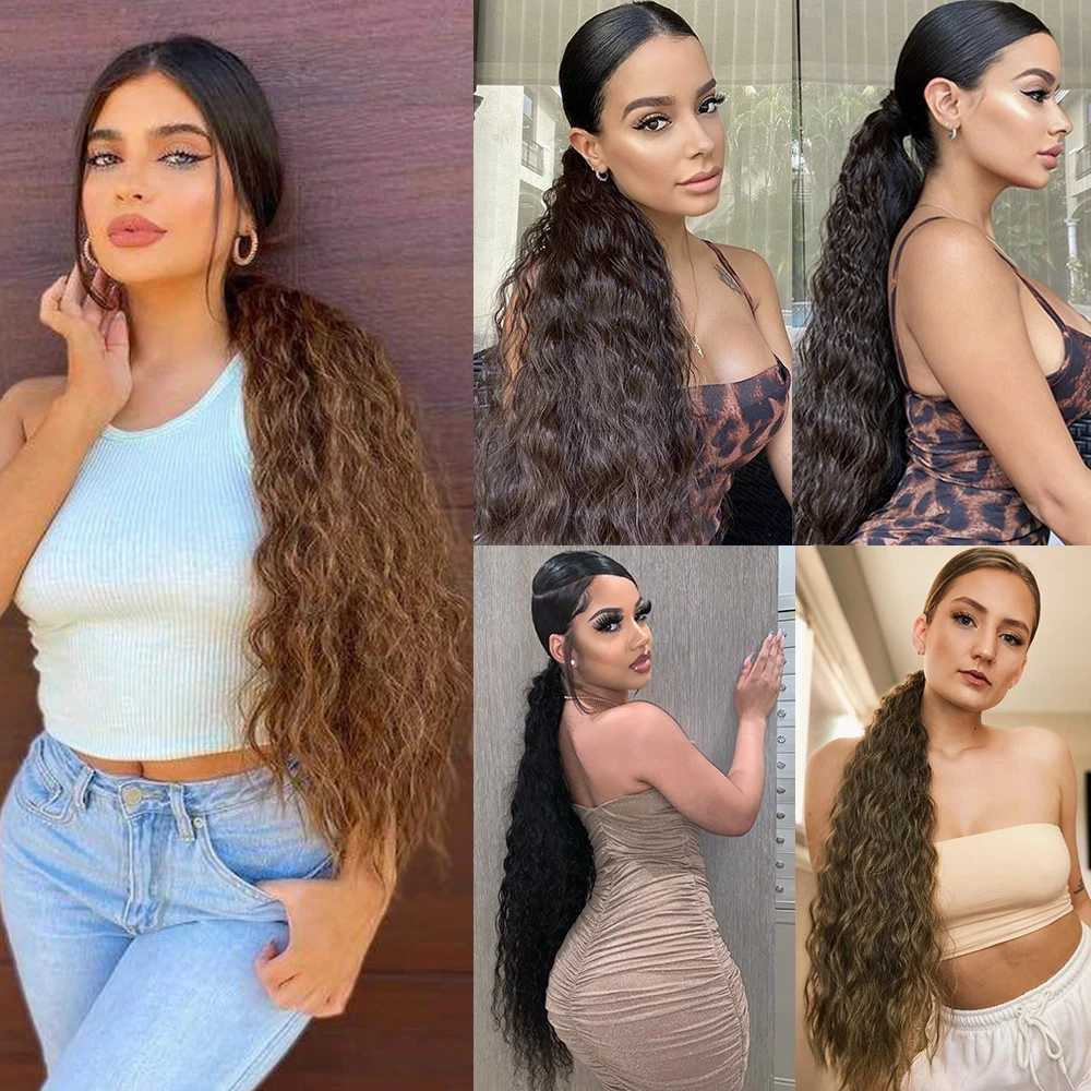 Long Corn Wavy Ponytail Hair Extensions Hairpiece Natural Synthetic Wrap Around Clip In Pony Tail Fake Hair Black Brown ForWomenXJ241221