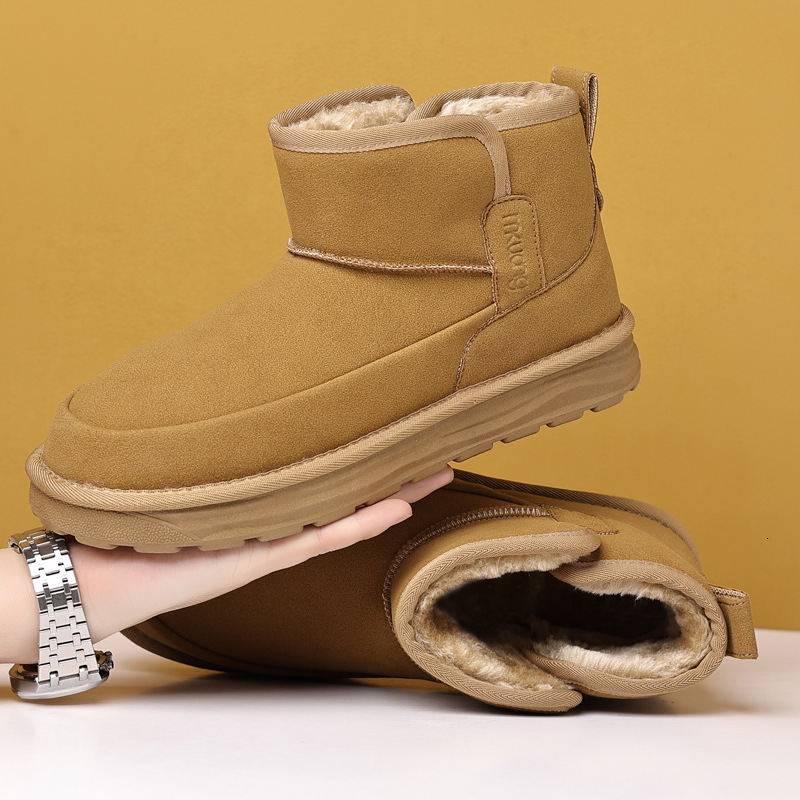 designer boot Men's New Snow Boots With No Lace Up Cover, Fur And Leather Integrated, Winter Plush Warm Cotton Boots, Thickened Mid Top For Casua