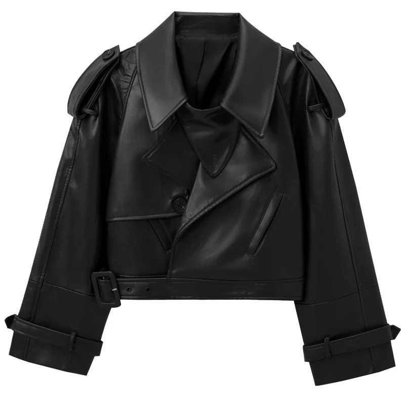 HXAO Leather Cropped Jacket Womens Bomber DemiSeason Outerwears Moto Biker Zipper Pu Streetwear Coat 241216